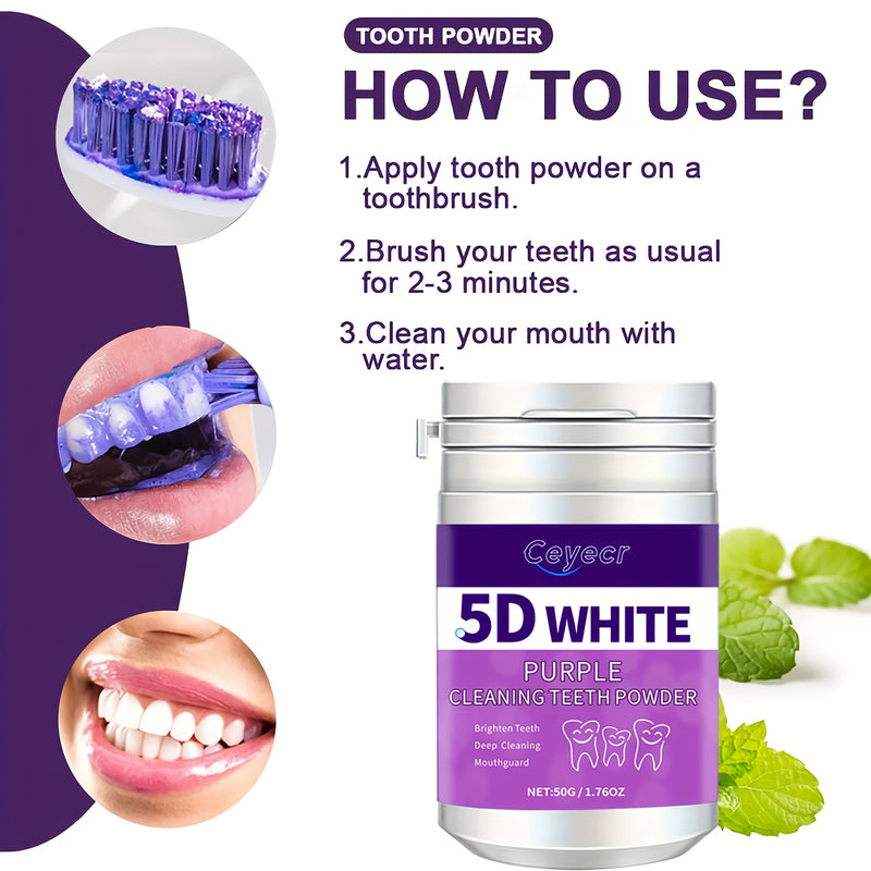 Pó de Clareamento para Dentes Branco Roxo - Fórmula de Pérola Natural para Limpeza Profunda e Hálito Fresco, 50g
